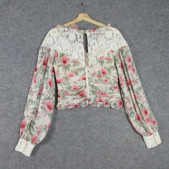 Fate Women's Ruched Floral Lace Crop Top Long Sleeve Ruffle Casual Pink M 178 - Picture 2 of 14